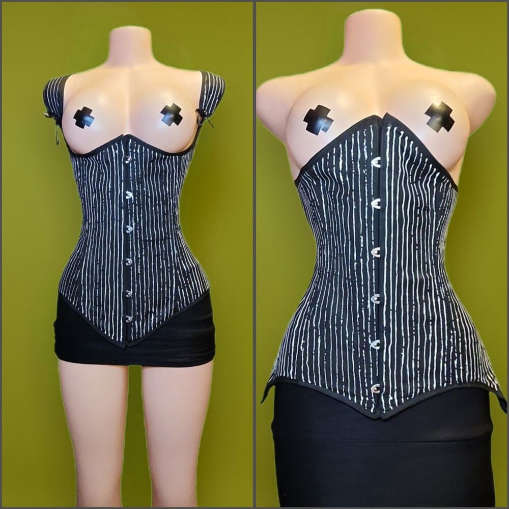 Handpainted Skellington Pinstripe Corset Upcycled Y2K Underbust 32